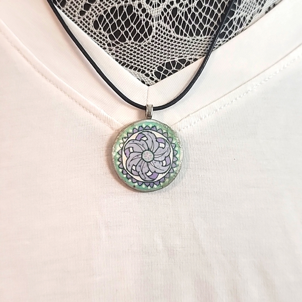 Ghaelic necklace charm - hand painted, with leather band and silver clasp.